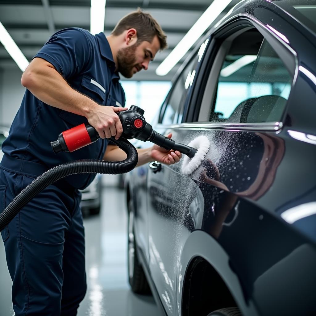 Professional car detailer cleaning the interior of a vehicle