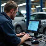 Car Mechanic Diagnosing Vehicle Using Computer