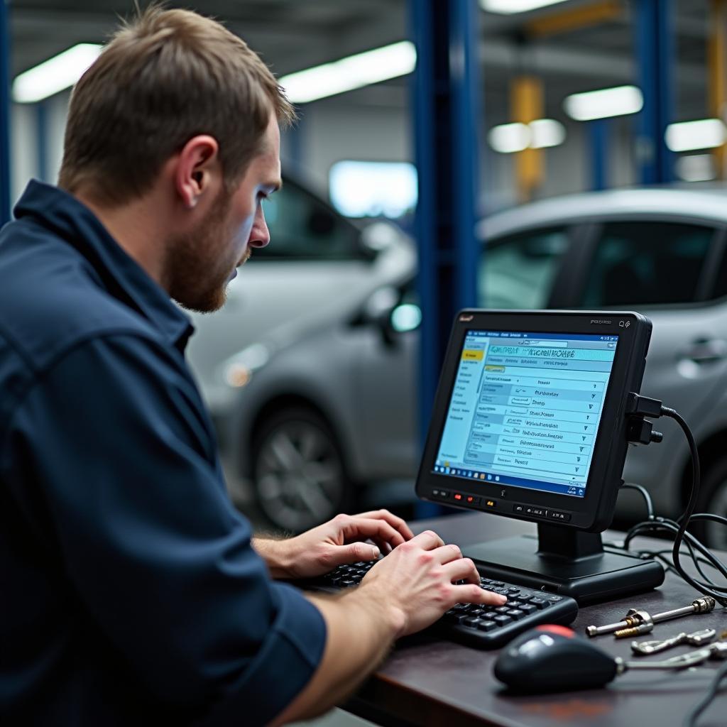 Car Mechanic Diagnosing Vehicle Using Computer