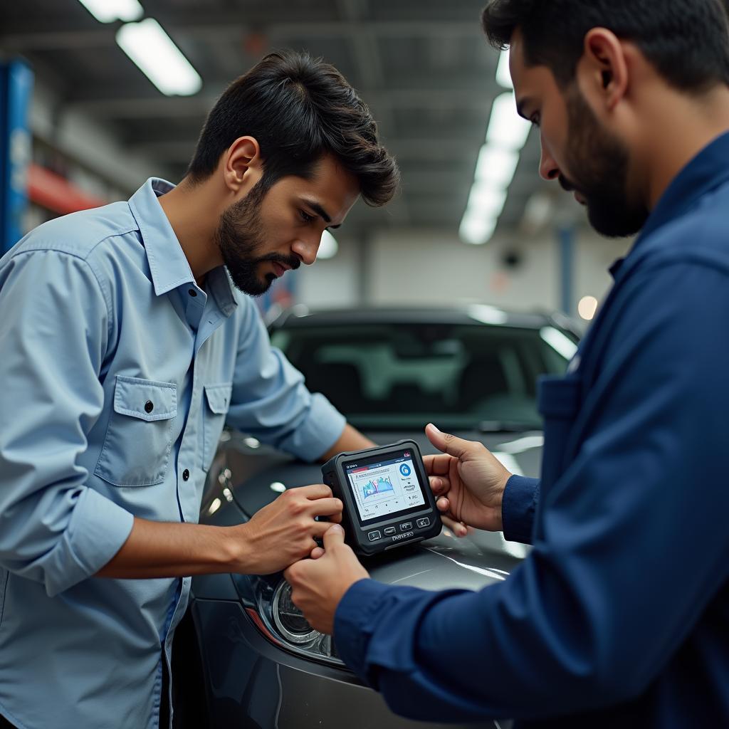 Skilled car mechanic using diagnostic tool in Thiruvalla