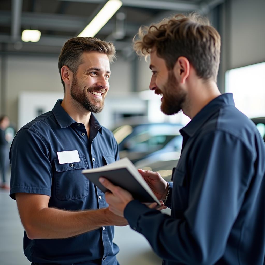 Car mechanic explaining service to a car owner