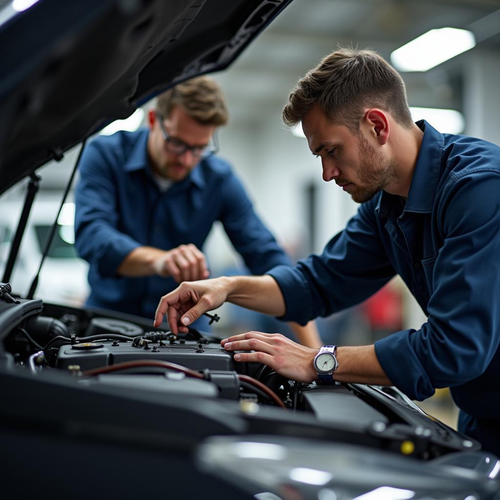 Car mechanic inspecting engine during service