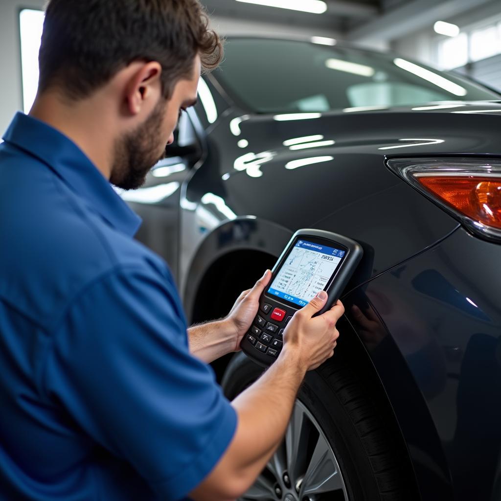 Car mechanic using a diagnostic scan tool on a vehicle in Gurgaon