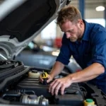 Skilled technician performing a car multi-point inspection