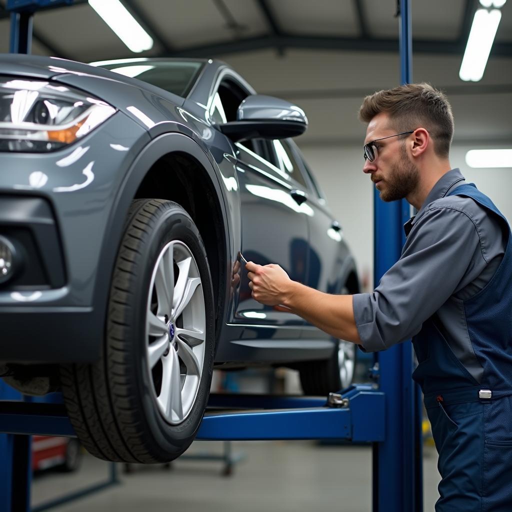 Car on Hoist for Winter Tire Inspection