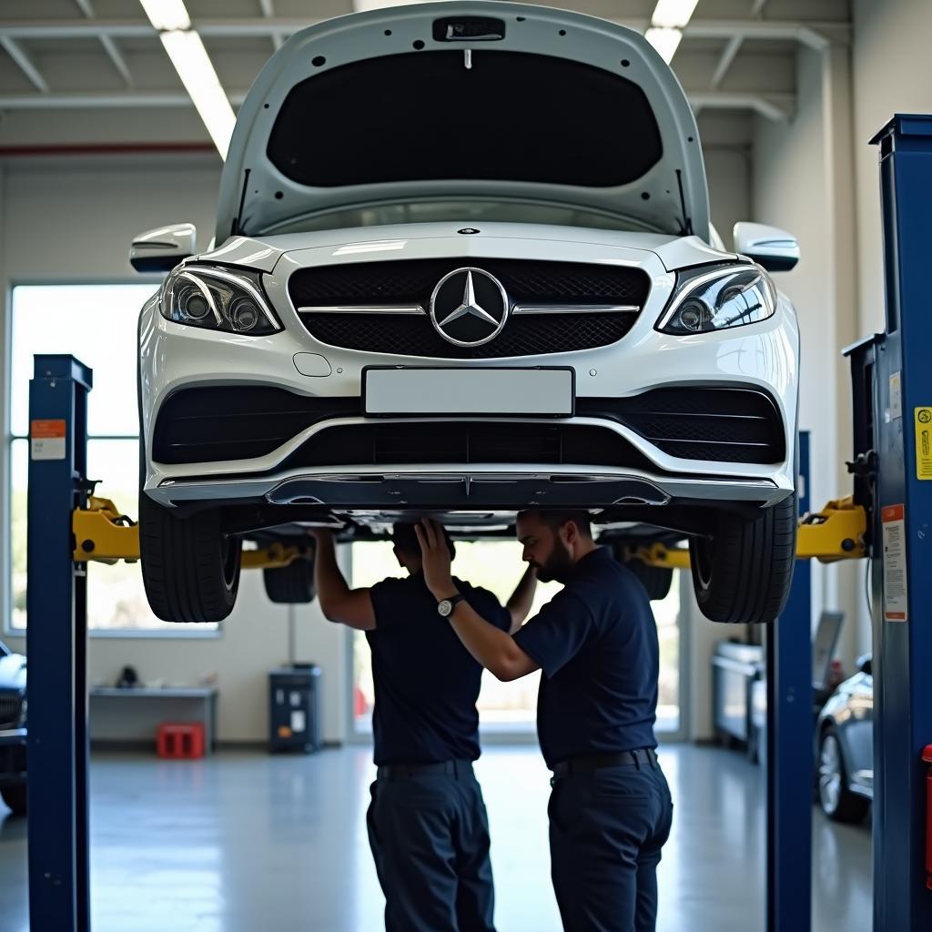 Car on a Lift for Inspection at a Service Center