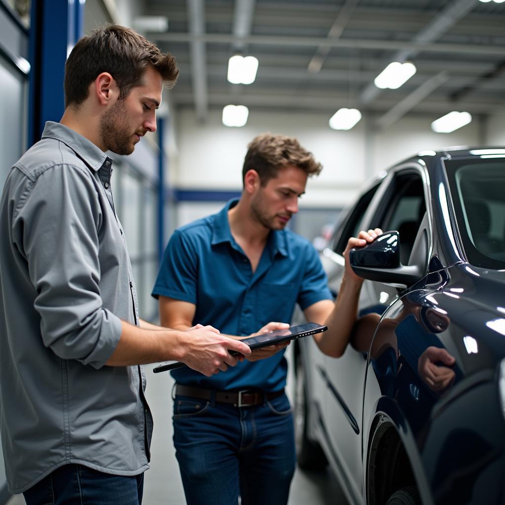 Car Owner and Service Advisor Inspecting Car