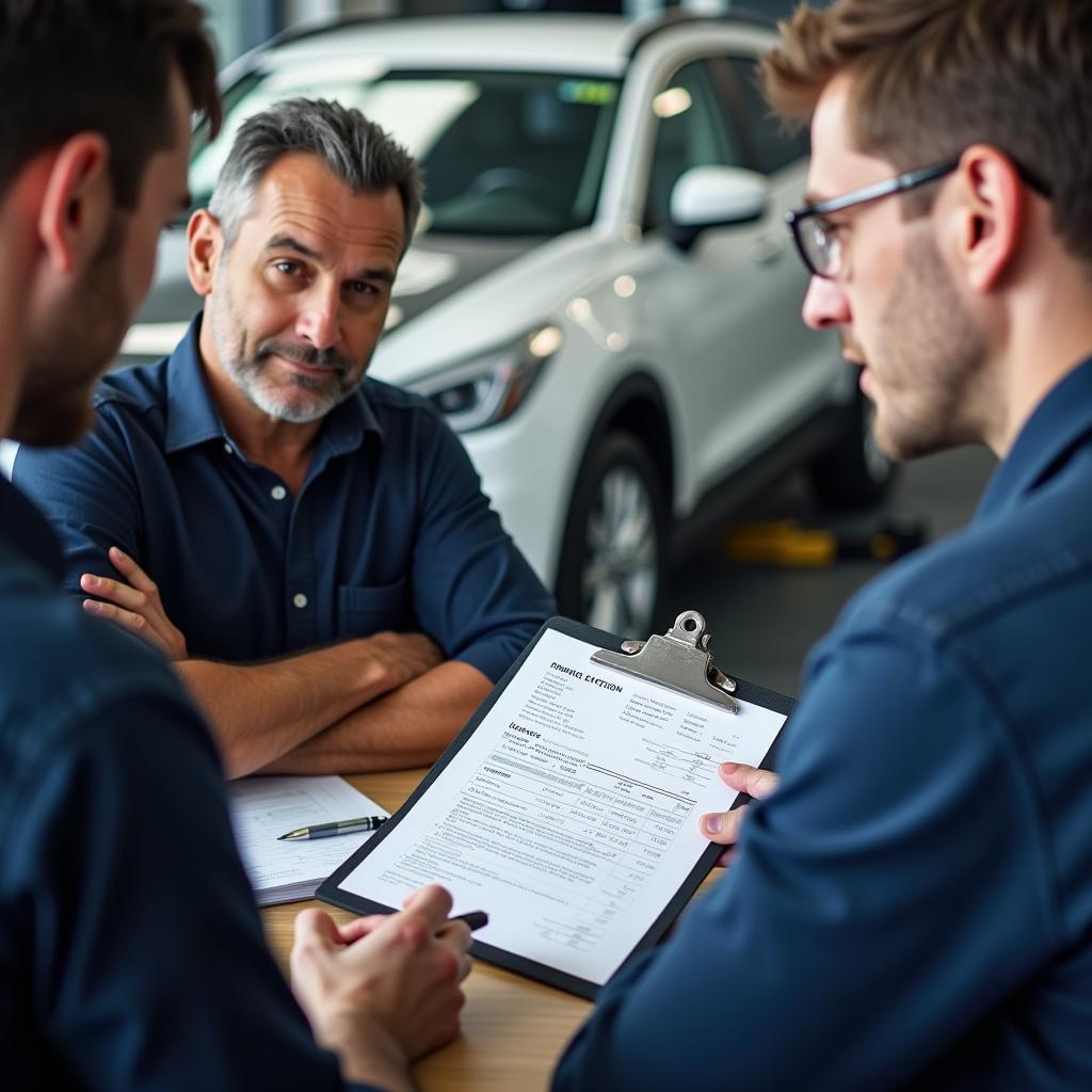 Car owner reviewing a repair estimate with a service advisor