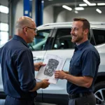 Car Owner Talking to Mechanic in Repair Shop