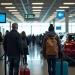 Busy car rental counter at an international airport