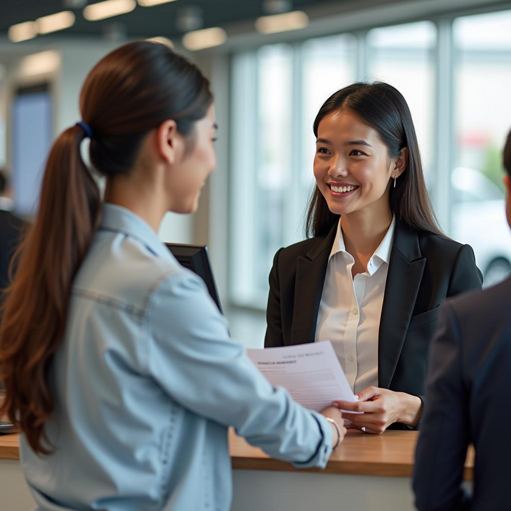 Customer service representative assisting a client at the car rental desk