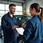 Car service advisor discussing service options with customer