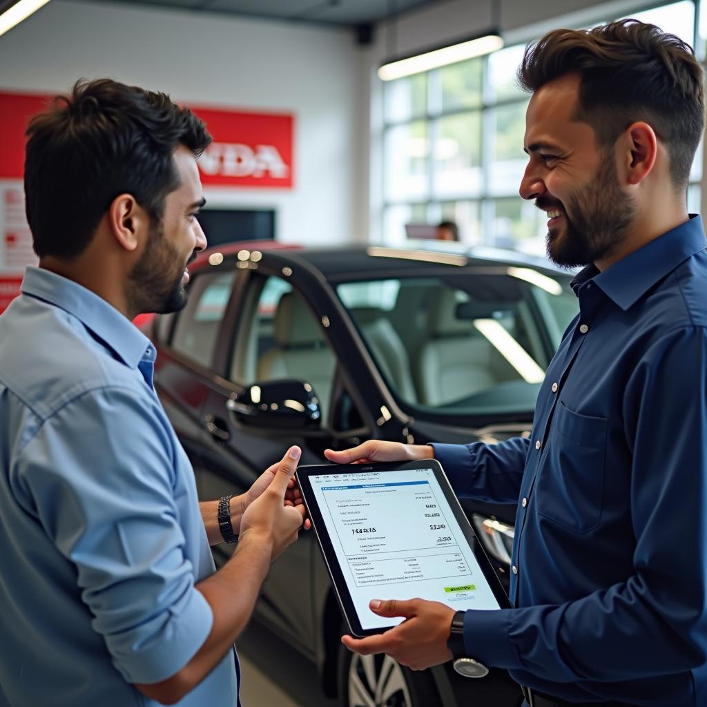 Car service advisor explaining a repair estimate to a Honda owner in Bangalore