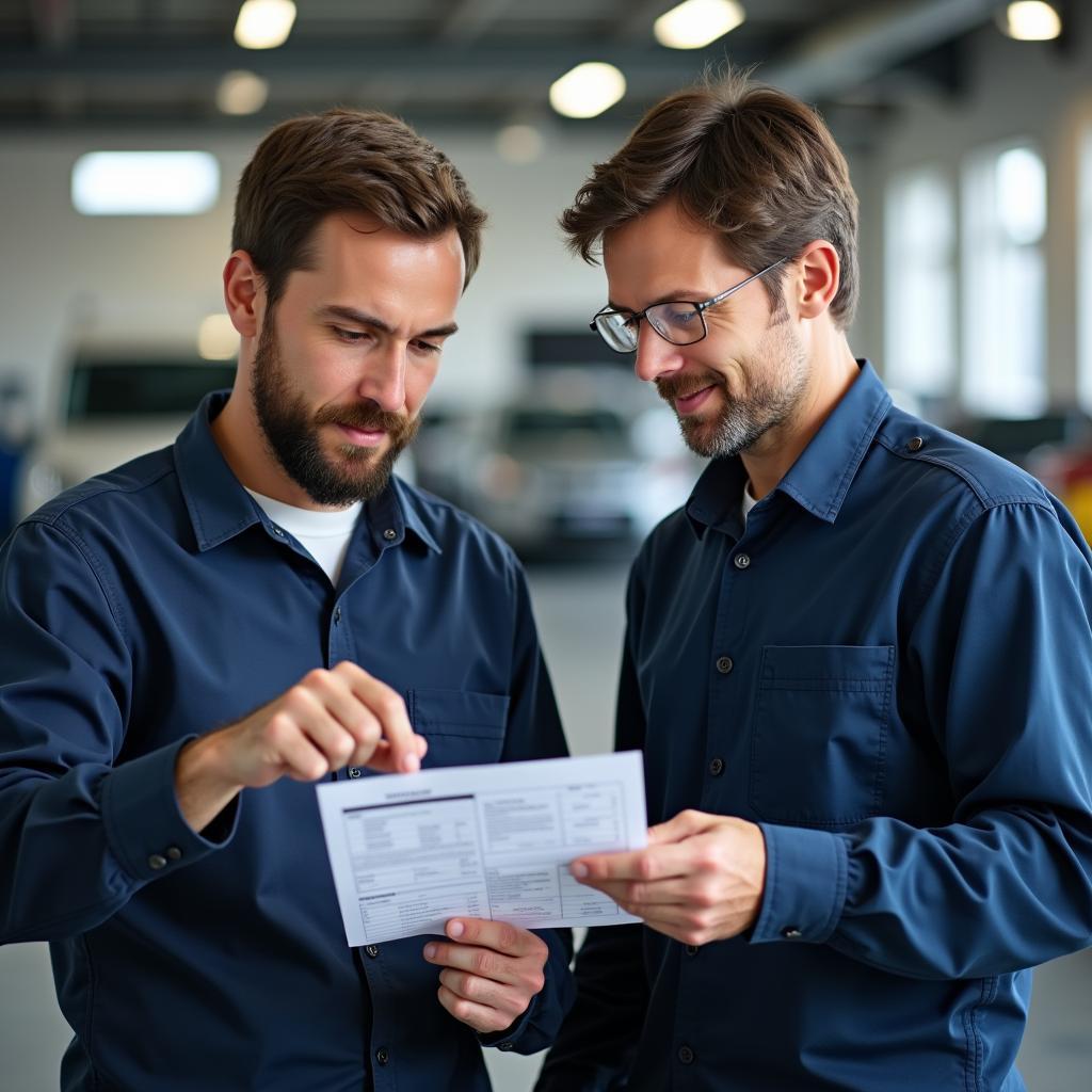 Car service advisor reviewing a repair order with a mechanic