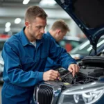 Car service center with a mechanic working on a car.