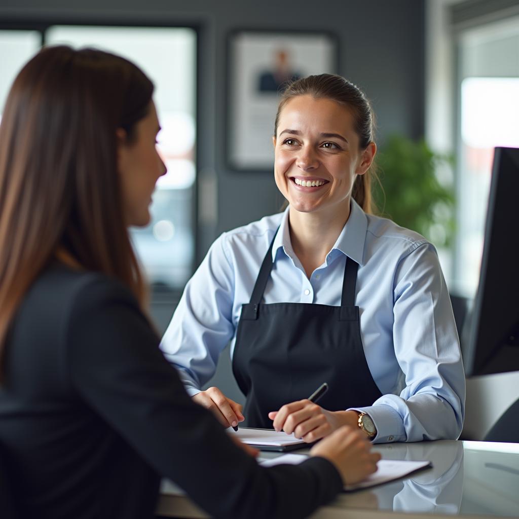 Friendly Customer Service Representative Assisting a Customer at a Car Service Counter