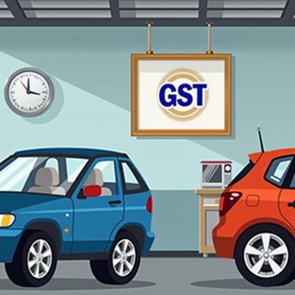 Car service center with a framed GST registration certificate displayed on the wall