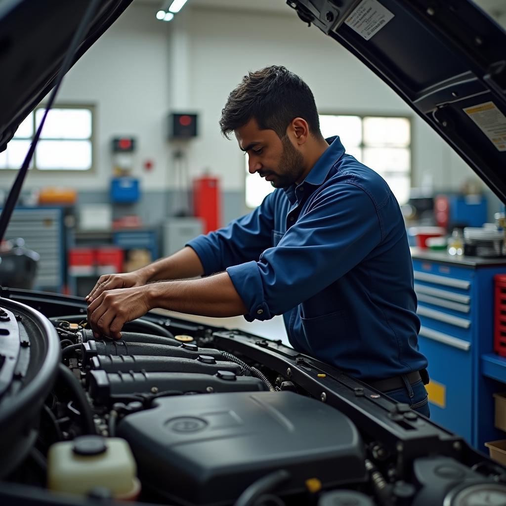 Mechanic Working on a Car Engine in a Pune Service Center