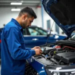 Mechanic inspecting a car at a service center in Shantipuram