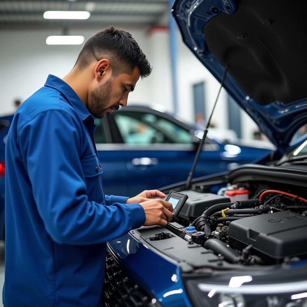 Mechanic inspecting a car at a service center in Shantipuram