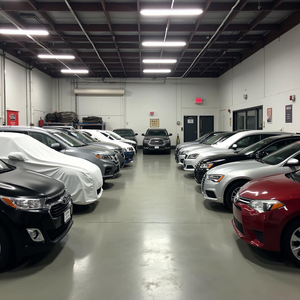 Vehicles Awaiting Repair or Pickup in a Car Service Center Storage Area