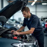 Skilled Technician Inspecting a Car in a Modern Service Center