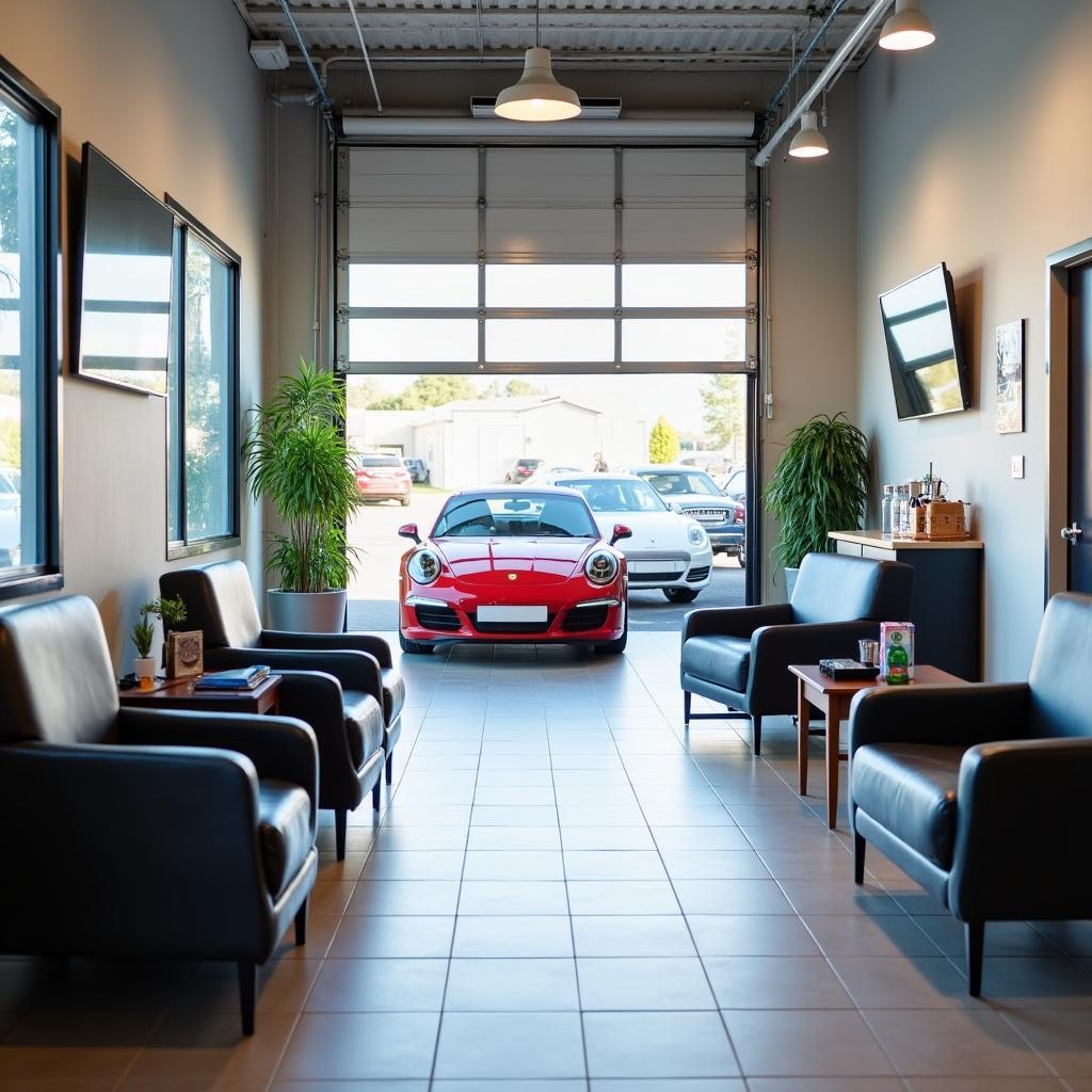 Clean and comfortable car service centre waiting area with amenities