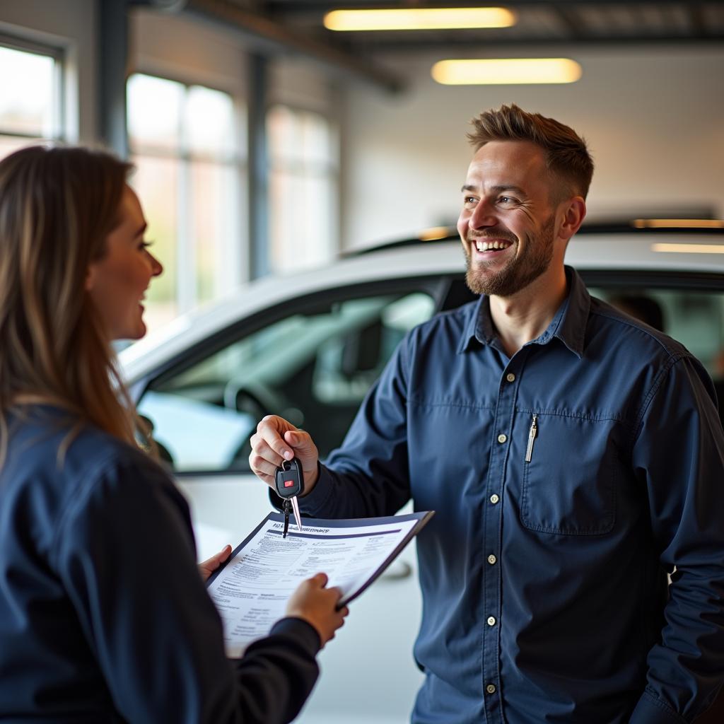 Mechanic returning a serviced car to a customer