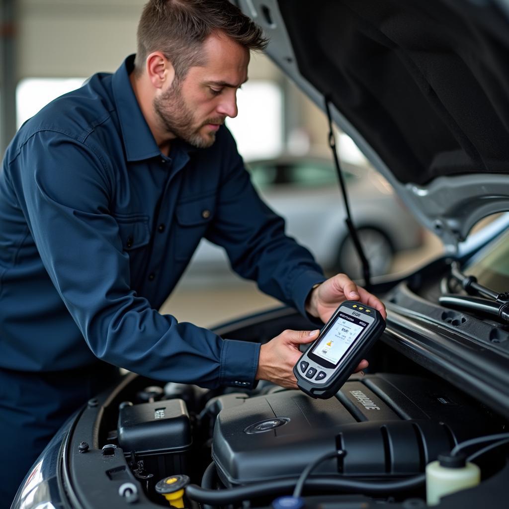 Mechanic performing engine diagnostics