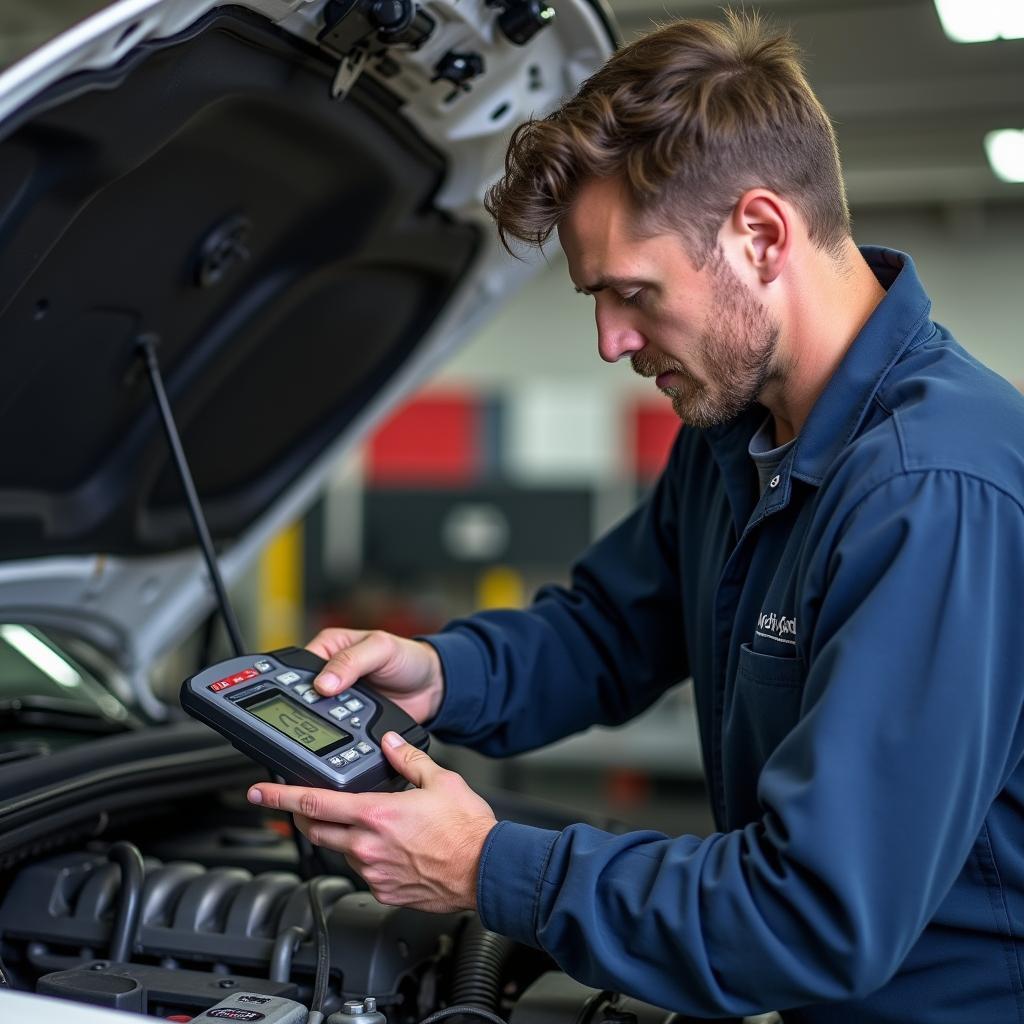 Car service mechanic inspecting a car engine