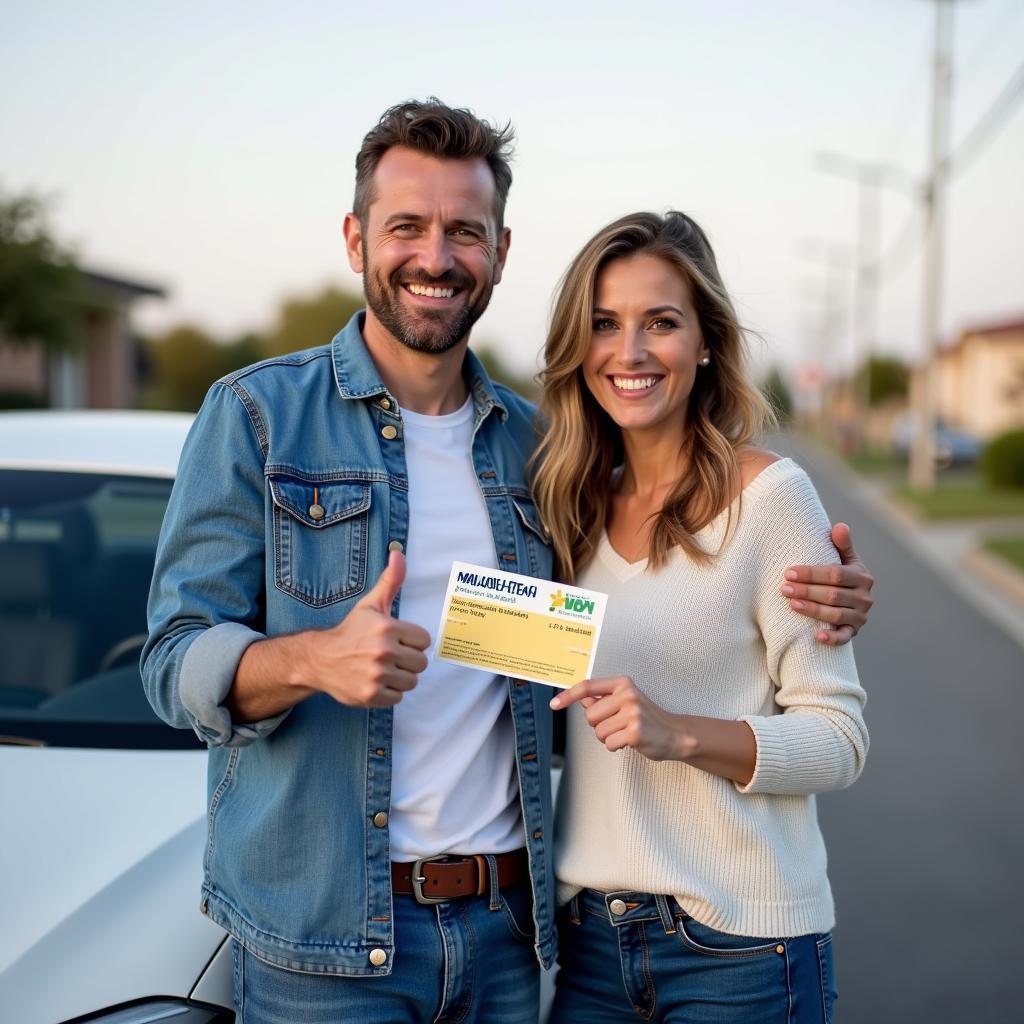 Smiling couple holding a car service membership booklet and giving a thumbs up