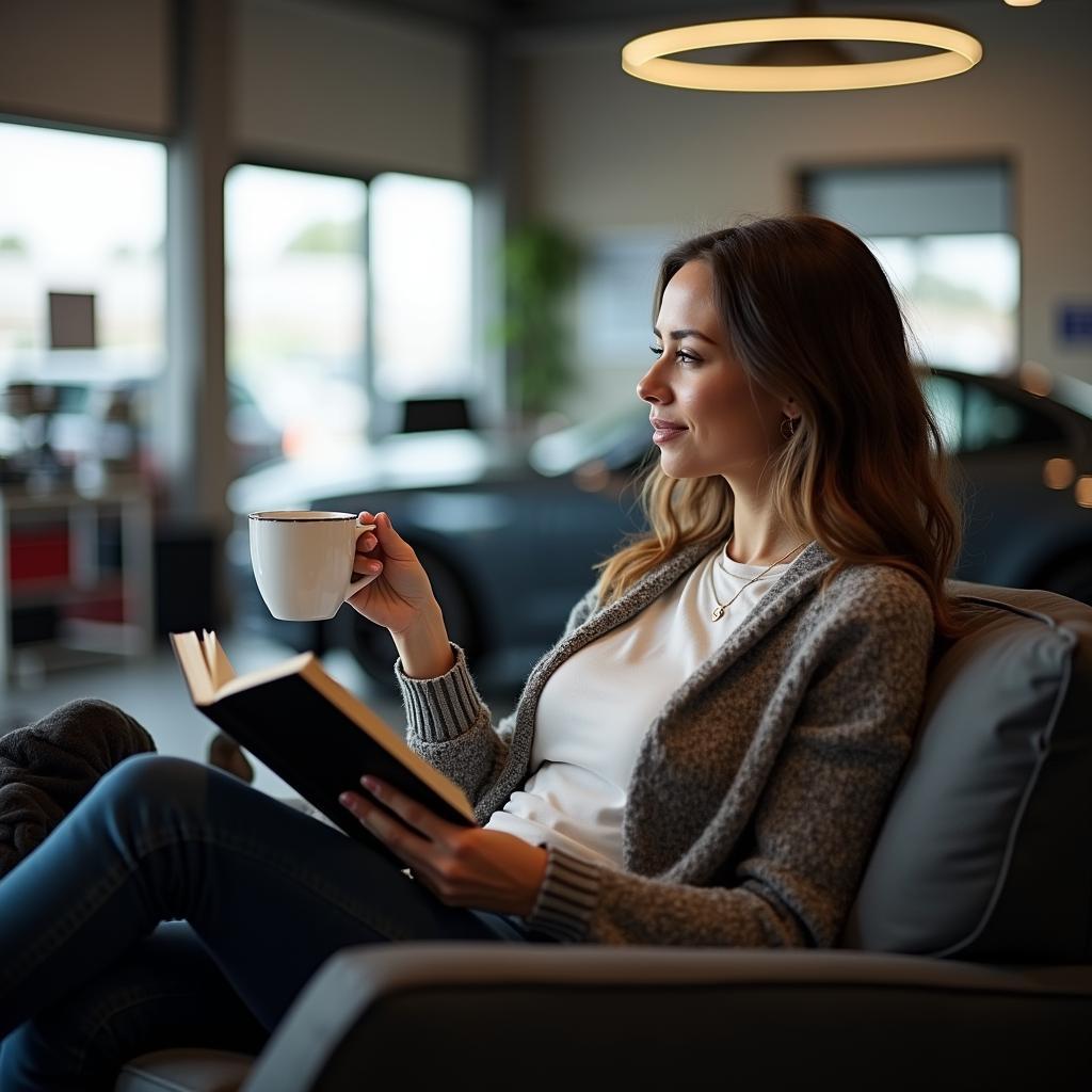 Relaxing with a Book at Car Service Center