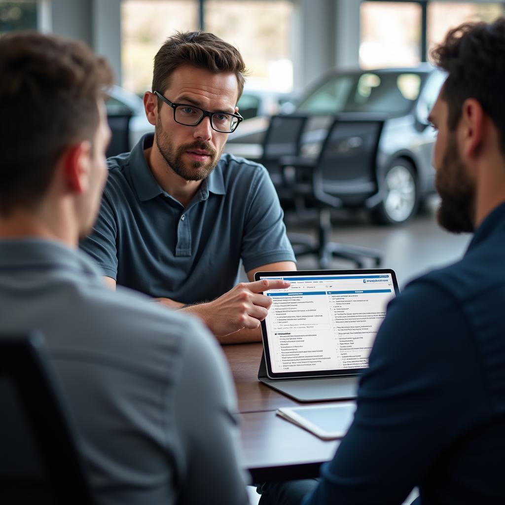 Customer discussing car repair with service advisor