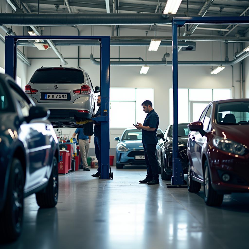 Technicians working in the bustling shop floor of a car service center