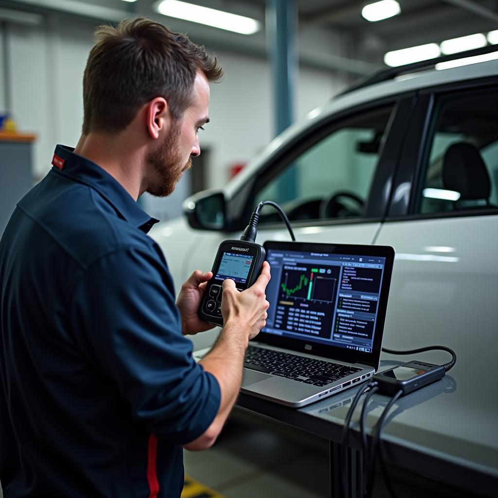 Car Undergoing Diagnostic Check at a Service Station