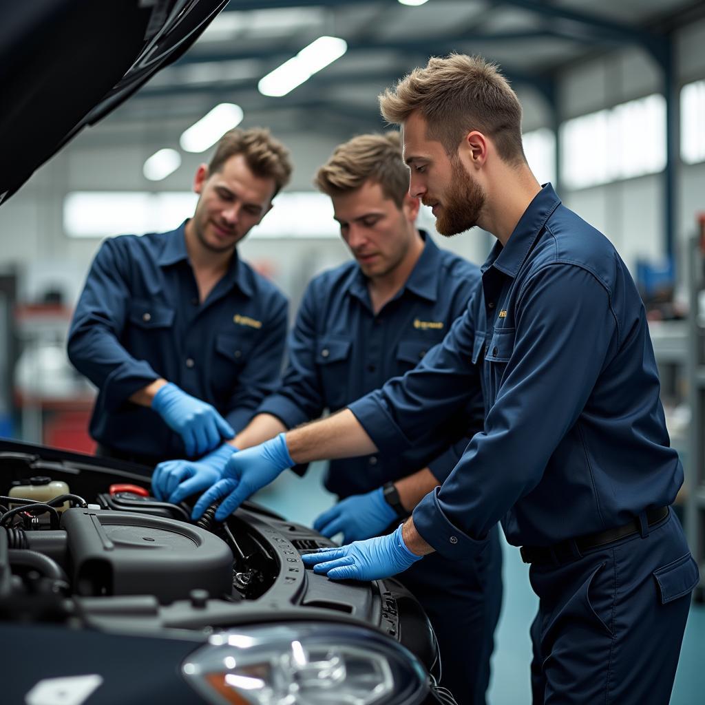 Skilled Technicians in a Car Service Centre