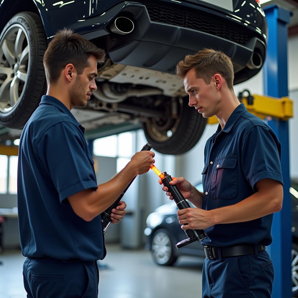  Mechanics working on a car in a garage in Ashford 