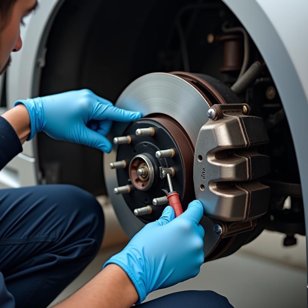 Car Technician Inspecting Brakes