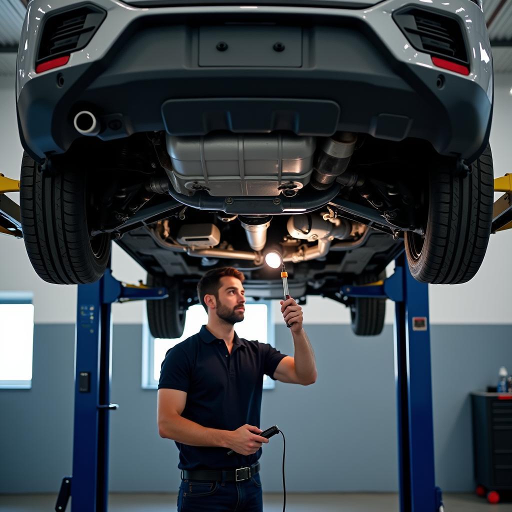 Car Undergoing Inspection on a Lift