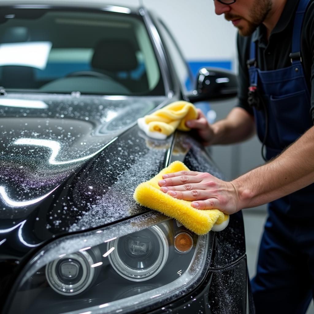 Car wash and wax service in progress