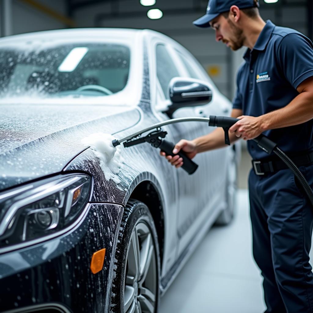 Car Wash Attendant Applying Foam