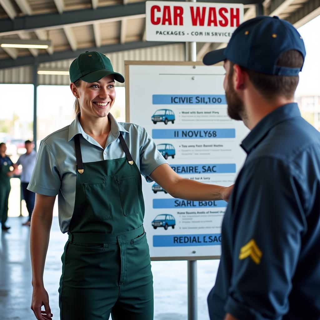 A friendly car wash attendant assisting a customer