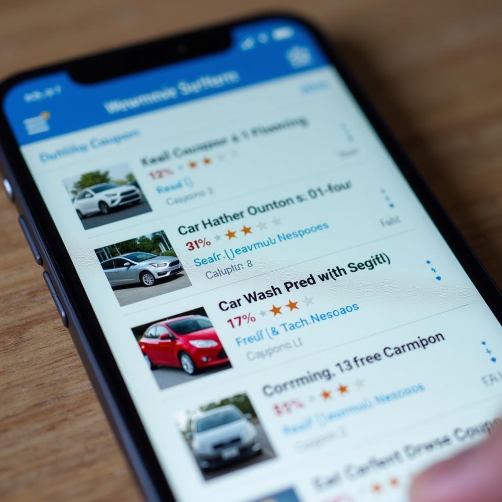Searching for car wash coupons on a smartphone for online deals and discounts