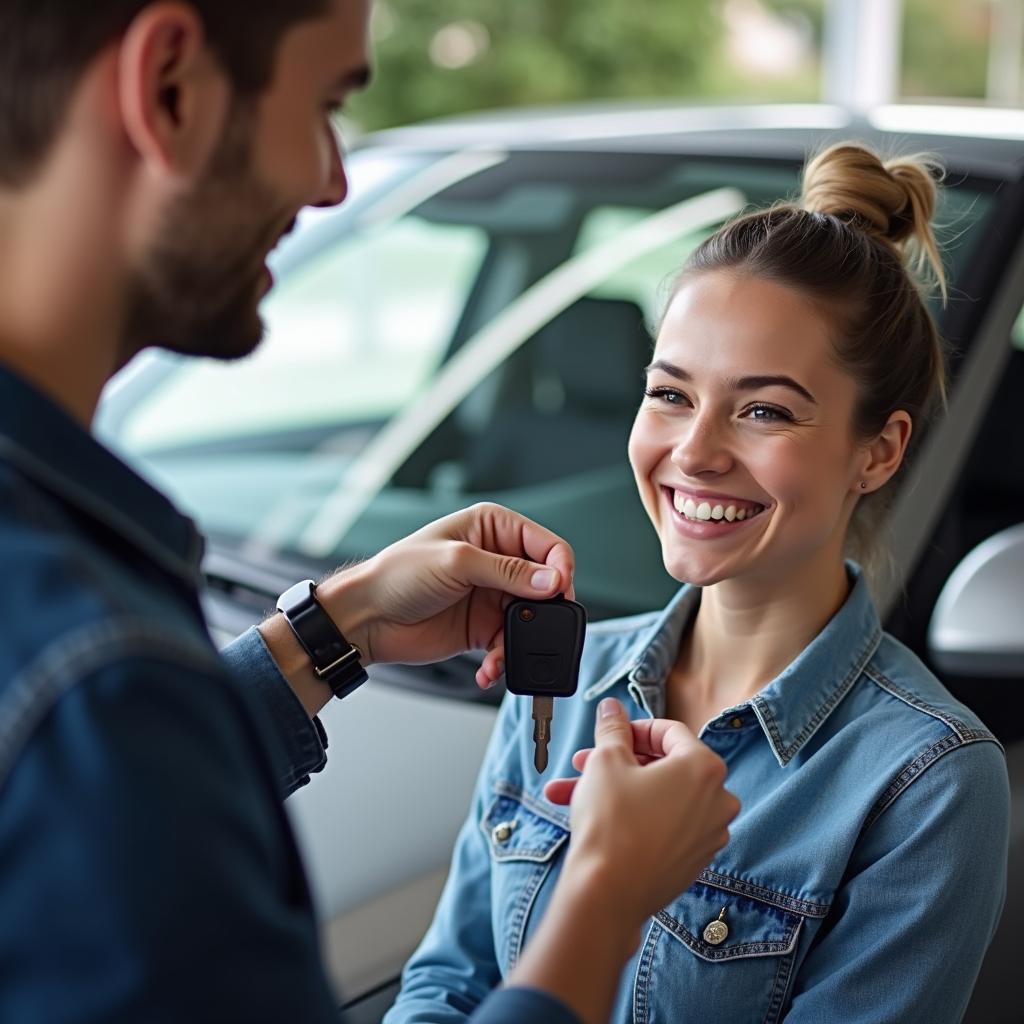 Happy customer receiving car wash service