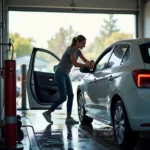 Happy Customer Exiting a Service Station Car Wash