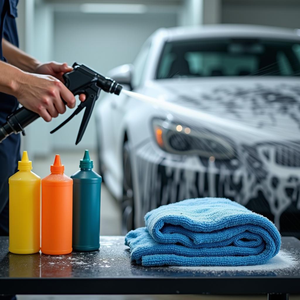 Close-up of car wash equipment and supplies, including a high-pressure spray gun, soap dispenser, and microfiber towels.