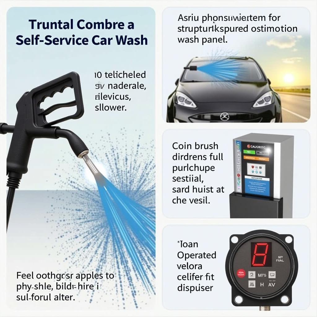 Close-up of car wash equipment: pressure washer, foam brush, and coin-operated panel