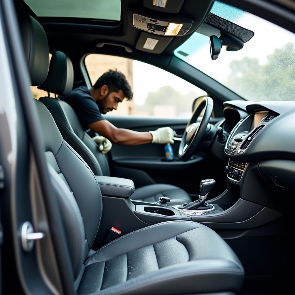 Interior cleaning service for car wash at home in Jamshedpur showing detailed cleaning of car seats and dashboard.