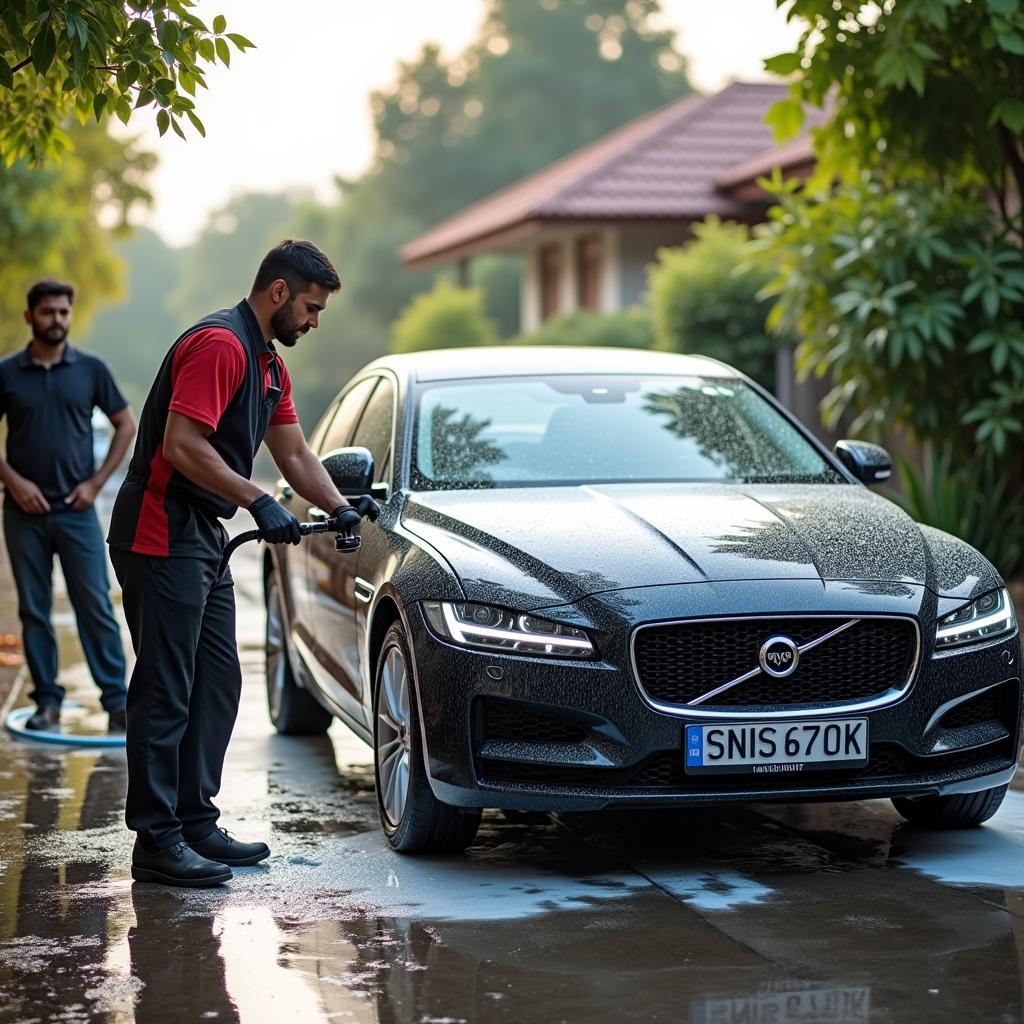 Professional car wash home service in Jamshedpur cleaning a car in a driveway.