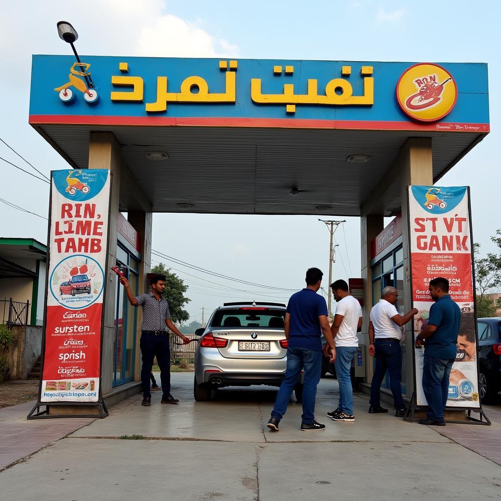 Car wash promotional materials displayed at a Lahore service station